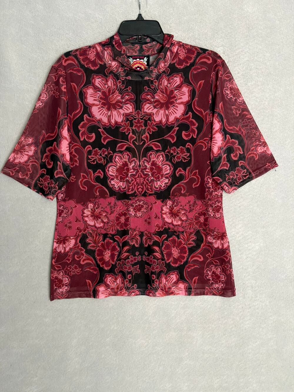 Johnny Was Mesh Top Elbow Sleeve Mock Neck in Scilla Women's XXL NEW